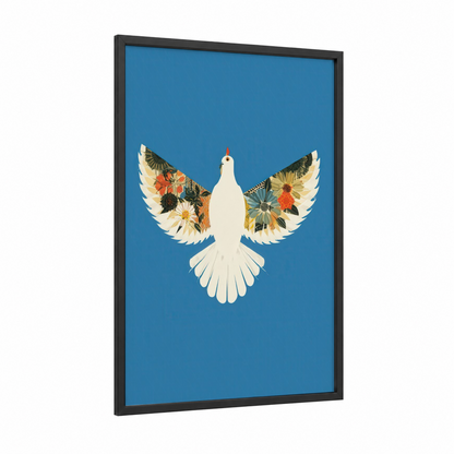 Floral Dove Peace framed art print — black wood frame — blue and gold palette