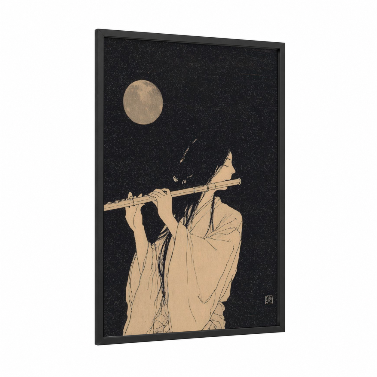 Moonlit Flutist framed classical print — black wood frame — cream and black palette