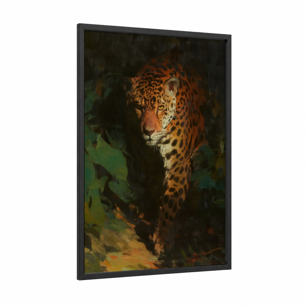 Shadowed Jaguar framed art print — black wood frame — gold and dark green palette