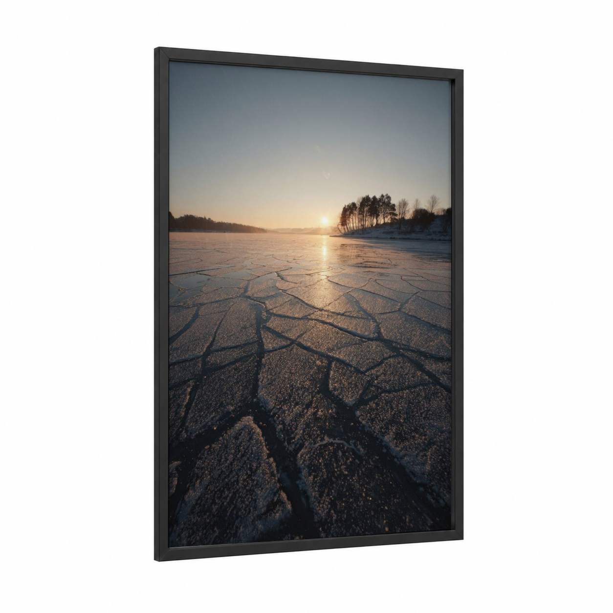 Frozen Lake Sunrise framed lakes print — black wood frame — gold and blue and white palette