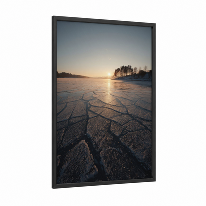 Frozen Lake Sunrise framed lakes print — black wood frame — gold and blue and white palette