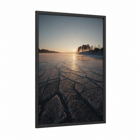 Frozen Lake Sunrise framed lakes print — black wood frame — gold and blue and white palette