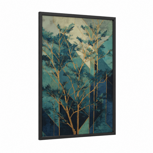 Golden Cedar Forest framed cedar tree print — black wood frame — teal and gold palette