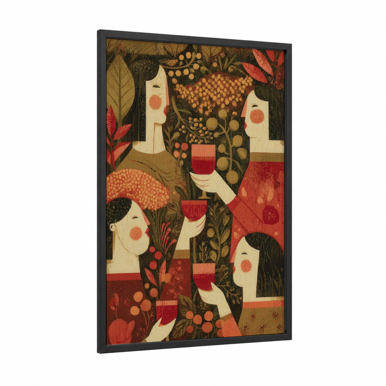 Harvest Gathering Wine framed red wine print — black wood frame — red and gold palette
