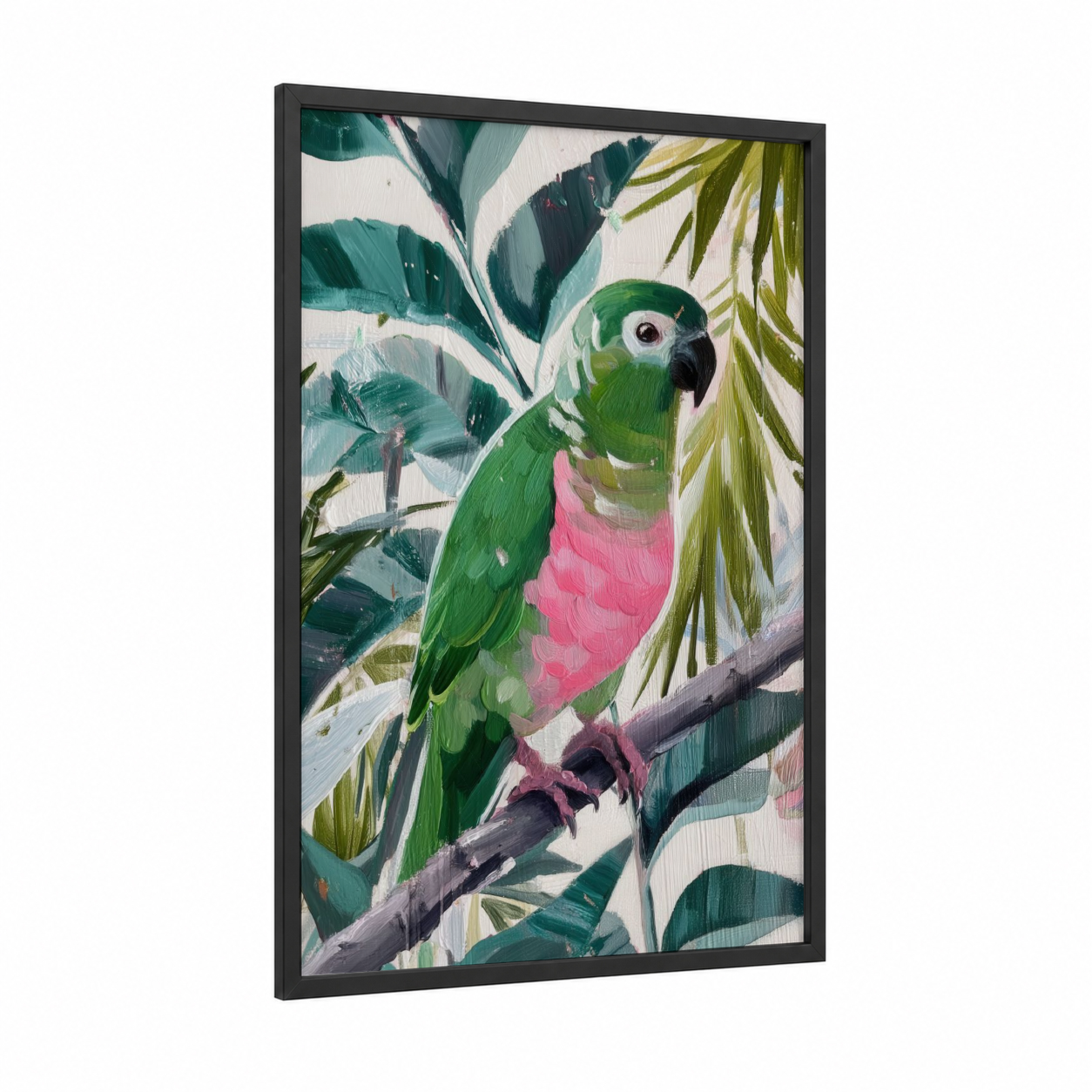 Tropical Kiwi Parrot framed art print — black wood frame — true green and pink palette
