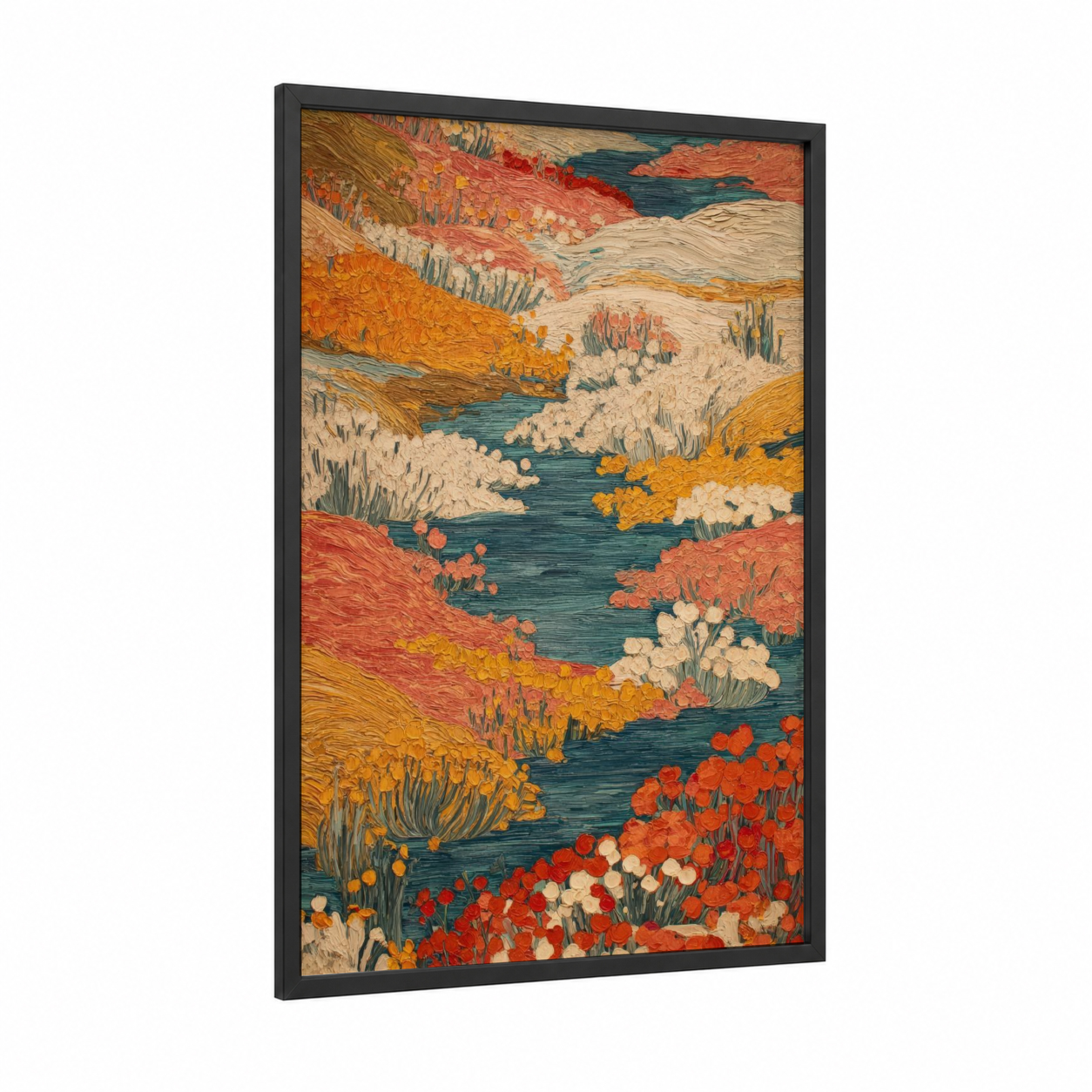 Wildflower River framed flower field print — black wood frame — orange and gold palette