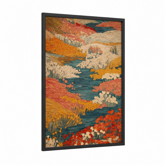 Wildflower River framed flower field print — black wood frame — orange and gold palette