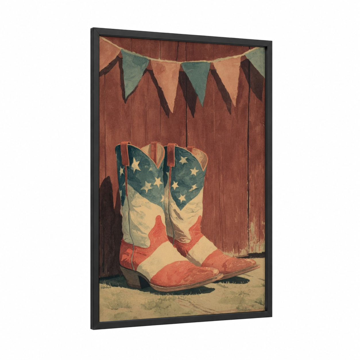 Patriotic Cowboy Boots framed 4th of july print — black wood frame — red palette