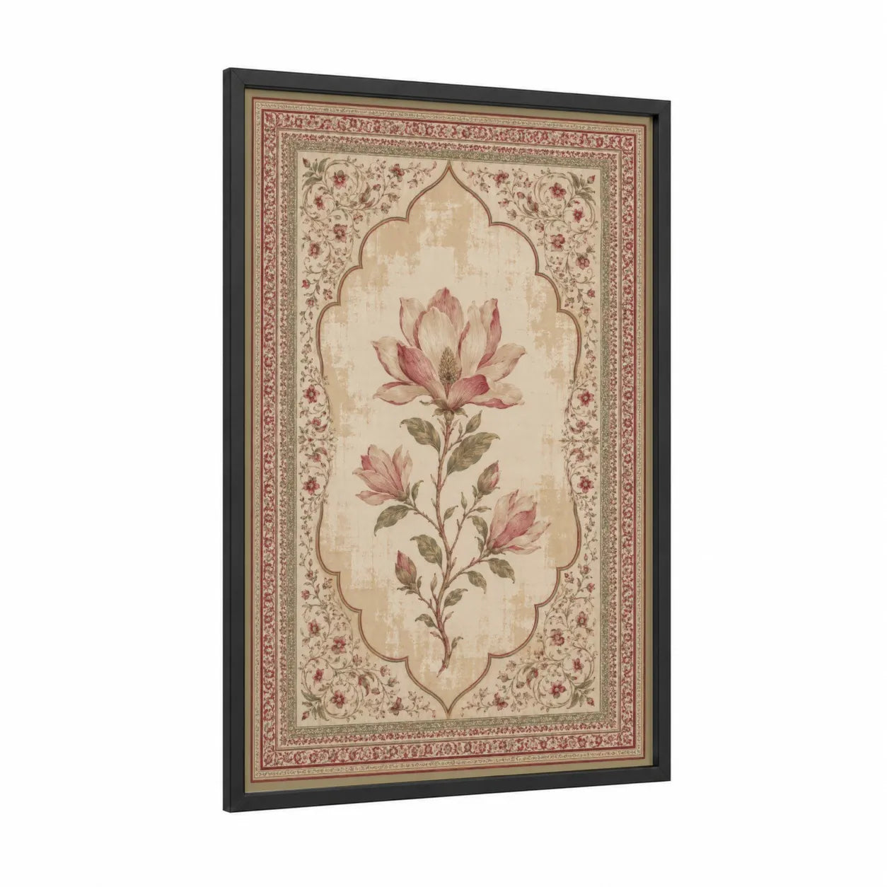 Lotus Botanical Ornate Border Wall Art framed art print — black wood frame — beige and rose gold palette
