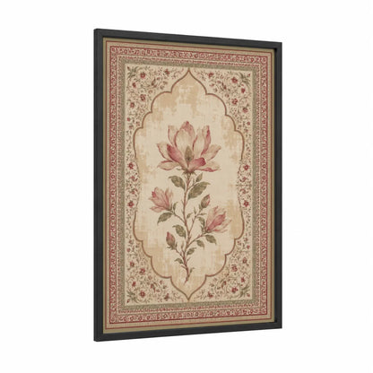 Lotus Botanical Ornate Border Wall Art framed art print — black wood frame — beige and rose gold palette