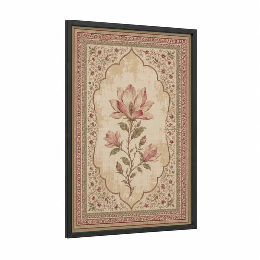 Lotus Botanical Ornate Border Wall Art framed art print — black wood frame — beige and rose gold palette
