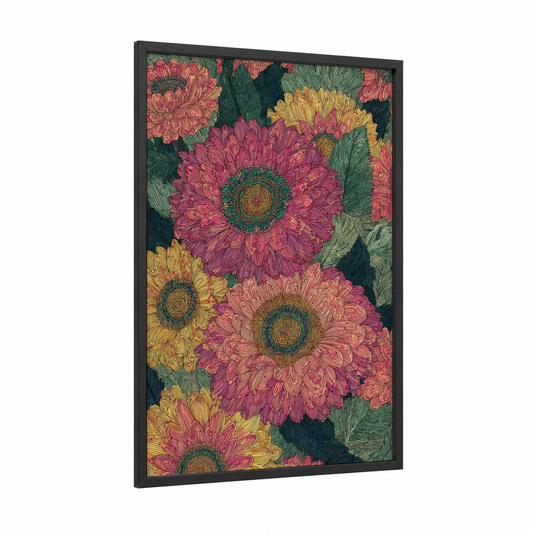 Vibrant Daisy Garden framed art print — black wood frame — magenta and dark green palette