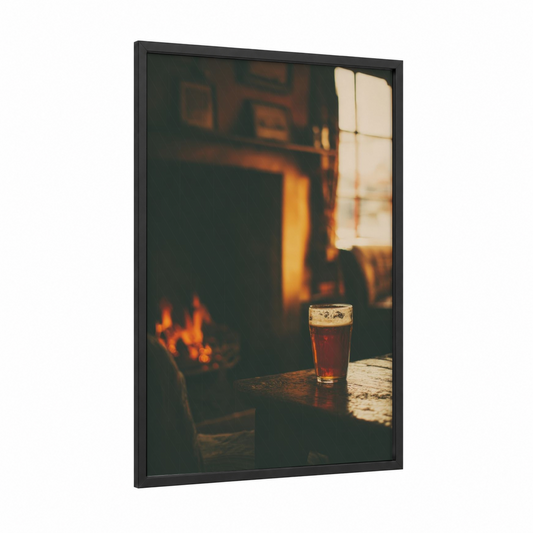 Beer by Firelight framed art print — black wood frame — gold and brown palette