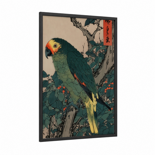 Golden Lorikeet framed safari parrots print — black wood frame — dark green and gold and pink palette