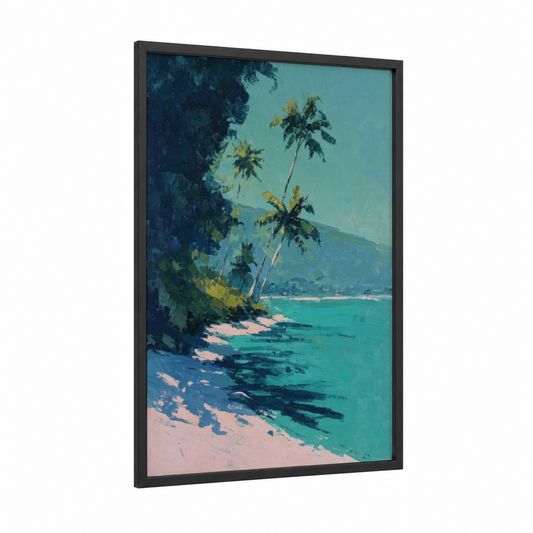Tropical Shoreline framed sandy beach print — black wood frame — teal and peach palette
