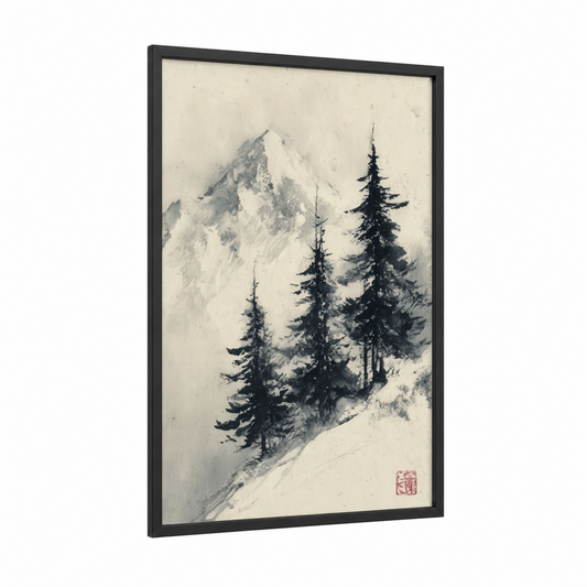 Snowy Alpine Peak framed alps print — black wood frame — black and white and gray palette