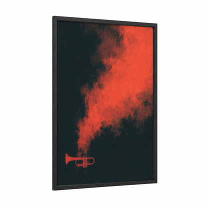 Crimson Trumpet Jazz framed art print — black wood frame — red and black palette