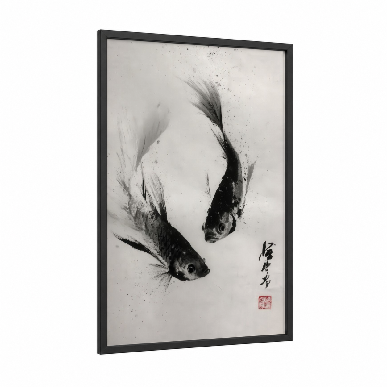 Dancing Bettas framed fighting fish print — black wood frame — black and white palette