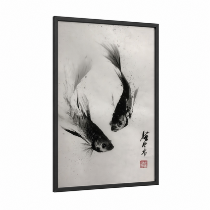 Dancing Bettas framed fighting fish print — black wood frame — black and white palette