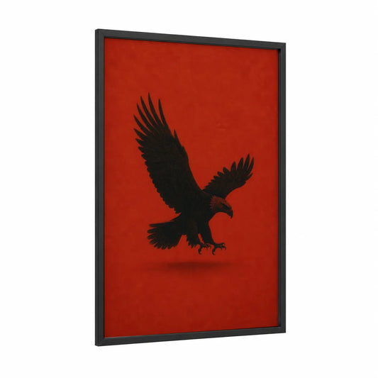Black Eagle on Red Wall Art framed art print — black wood frame — red and black palette