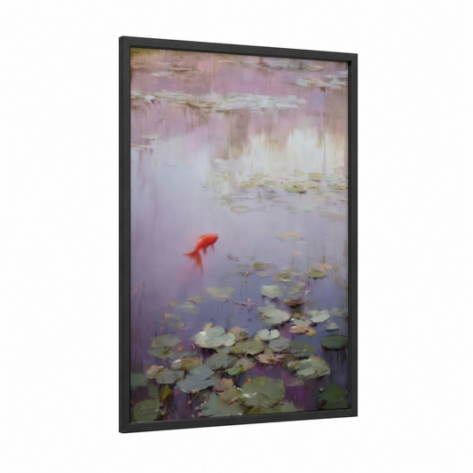 Crimson Koi Dream framed dragon fish print — black wood frame — purple and cream palette