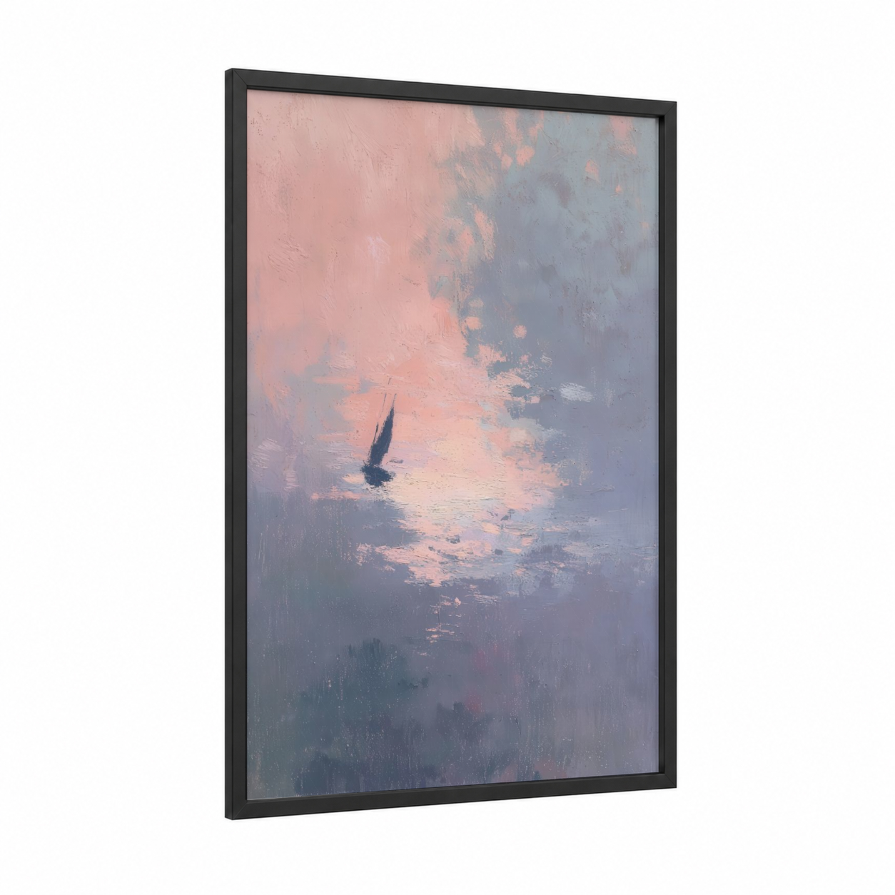 Solitary Windsurfer framed windsurfing print — black wood frame — peach and dove gray palette