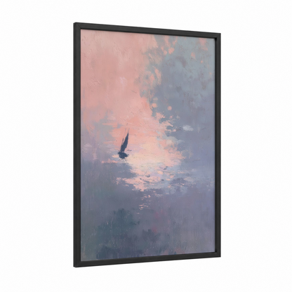 Solitary Windsurfer framed windsurfing print — black wood frame — peach and dove gray palette