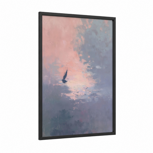 Solitary Windsurfer framed windsurfing print — black wood frame — peach and dove gray palette