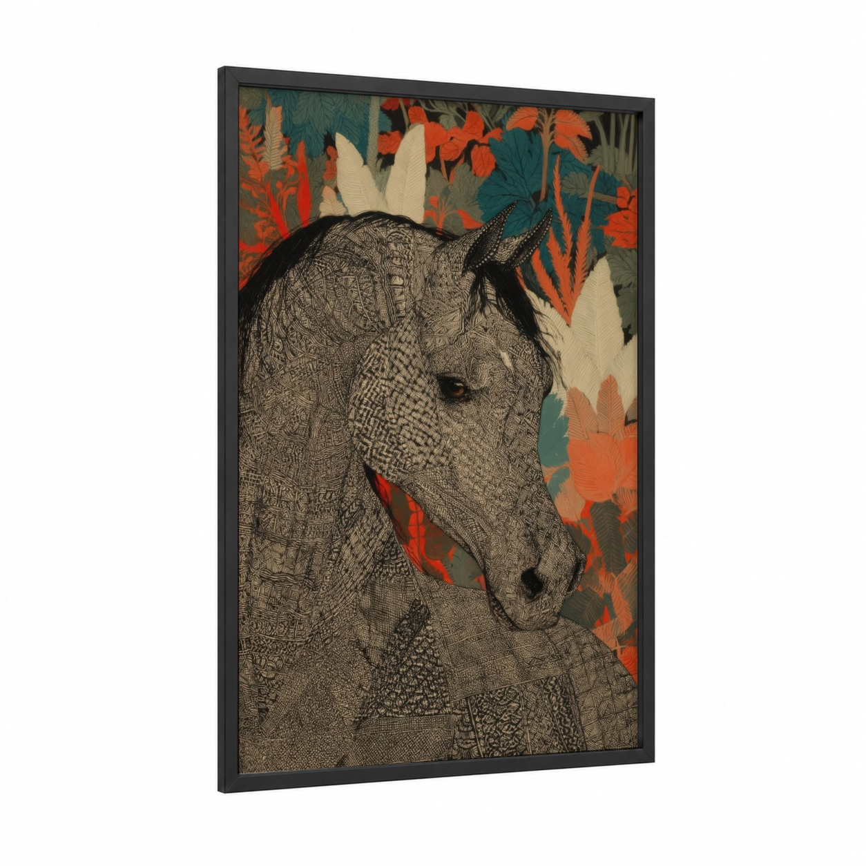 Patterned Arabian framed arabian horse print — black wood frame — teal and orange palette