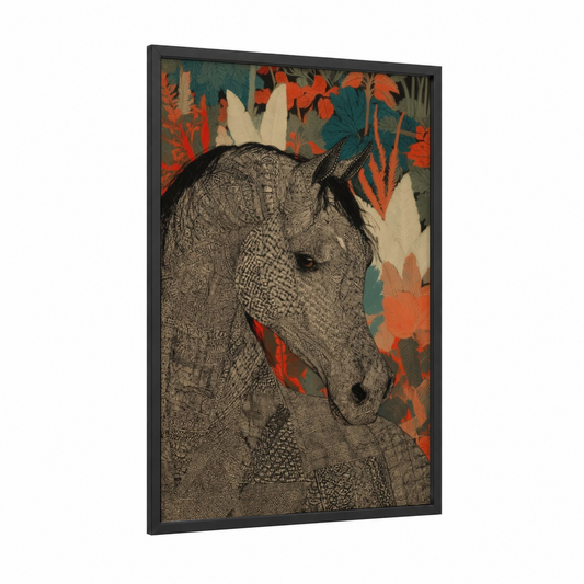 Patterned Arabian framed arabian horse print — black wood frame — teal and orange palette