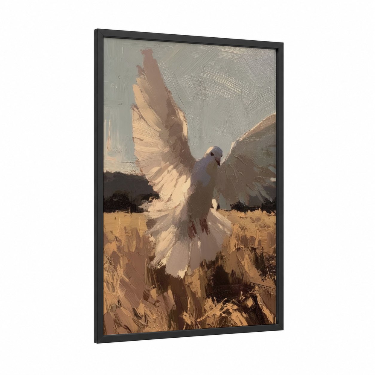 Peaceful Dove Rising framed art print — black wood frame — cream and gold palette