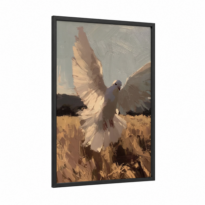 Peaceful Dove Rising framed art print — black wood frame — cream and gold palette