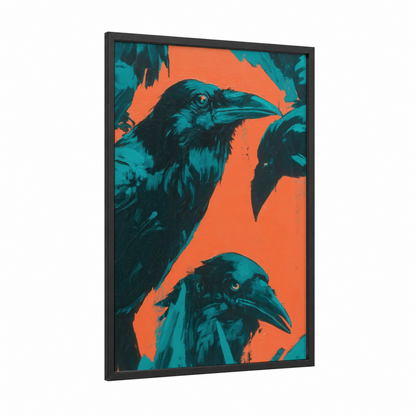Neon Ravens framed crows and ravens print — black wood frame — teal and orange palette