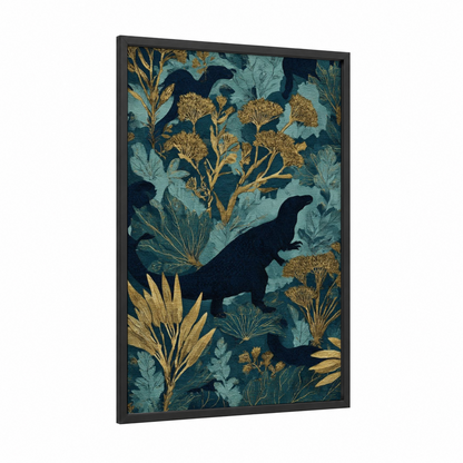 Golden Dinosaur framed art print — black wood frame — teal and gold palette