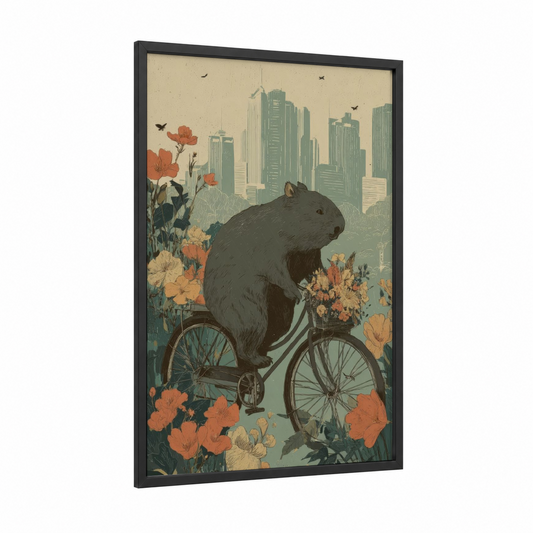 Urban Wombat framed art print — black wood frame — sage green and russet palette
