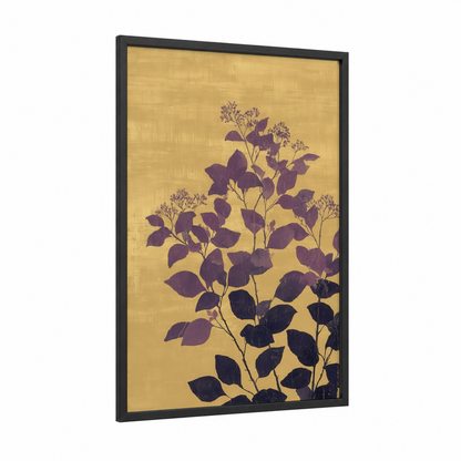 Purple Violets Botanical framed art print — black wood frame — gold and purple palette