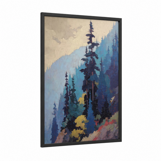 Misty Forest Landscape framed forest trees print — black wood frame — blue and cream palette