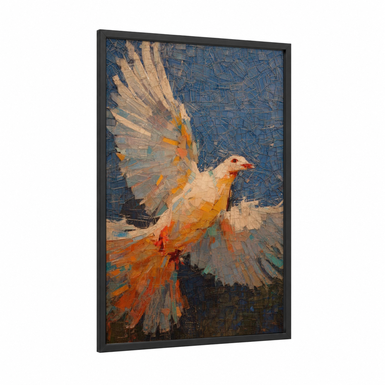 Geometric Dove framed art print — black wood frame — blue and gold and orange palette