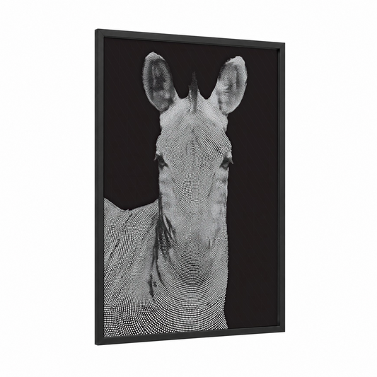 Monochrome Zebra framed art print — black wood frame — black and white palette