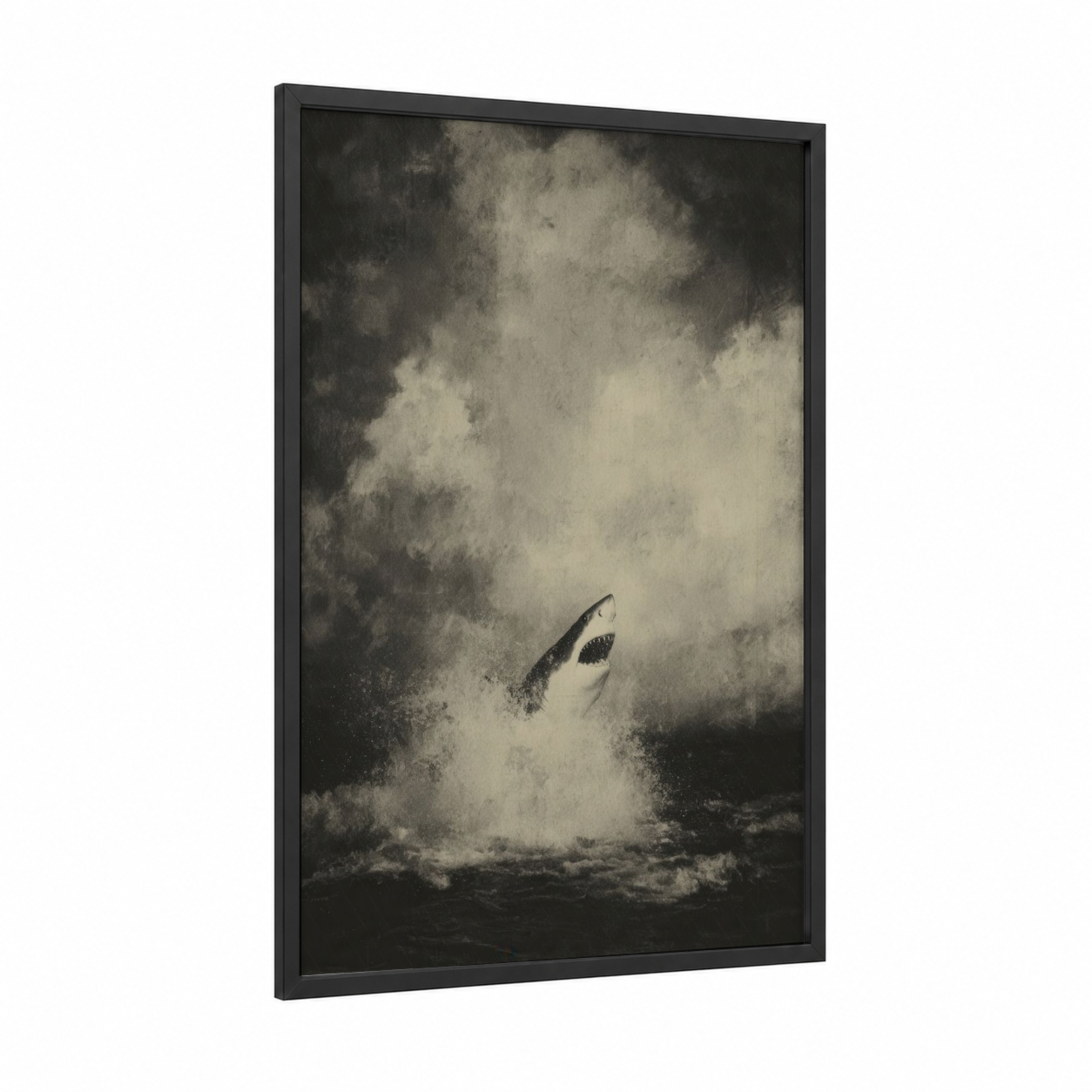 Breaching Sand Tiger framed sand tiger shark print — black wood frame — black and white and gray palette