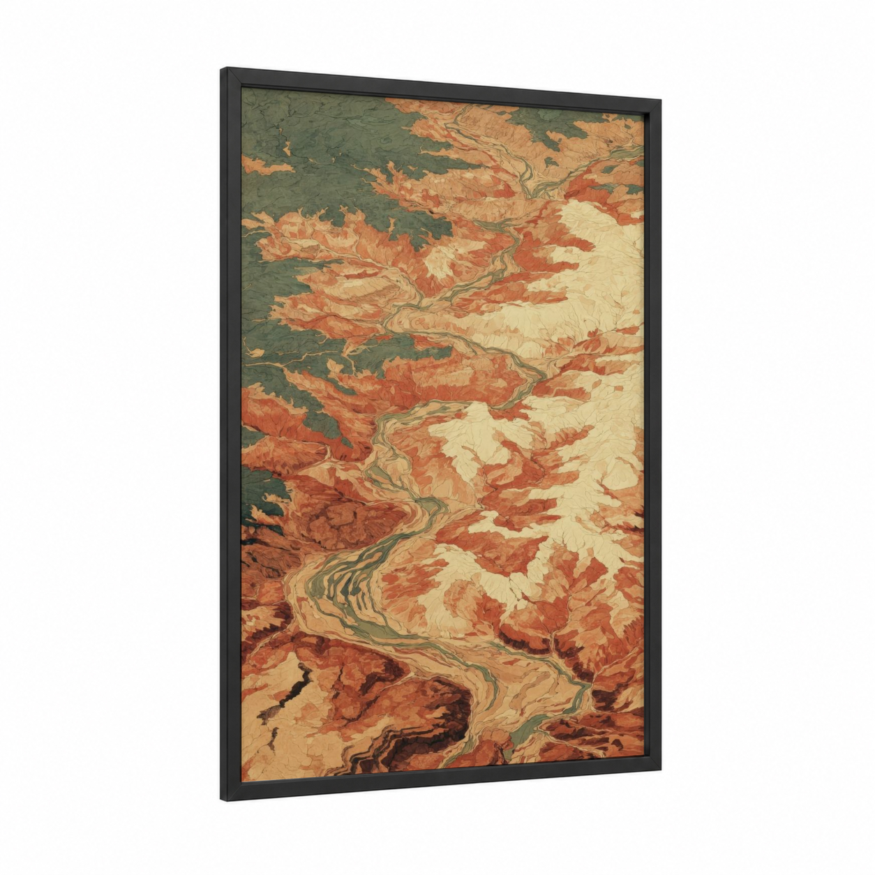 Crimson Canyon Aerial framed art print — black wood frame — russet and cream palette