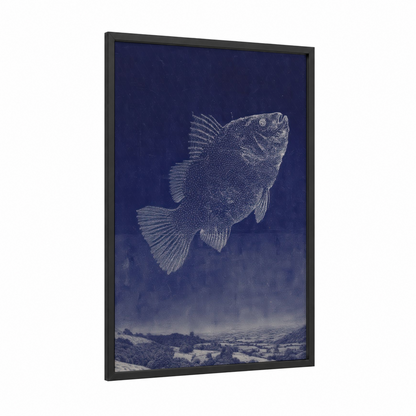 Celestial Dragon Fish framed art print — black wood frame — dark blue and white palette