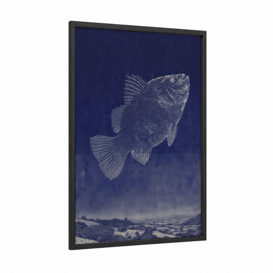 Celestial Dragon Fish framed art print — black wood frame — dark blue and white palette