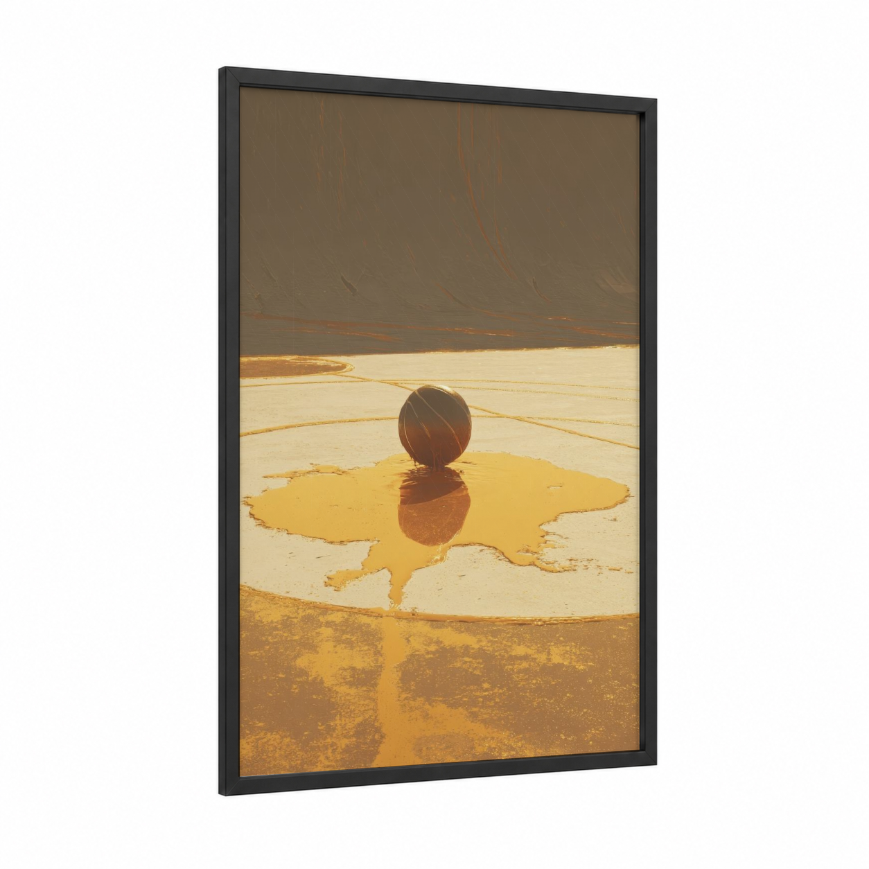 Desert Basketball Reflection framed art print — black wood frame — gold and brown palette