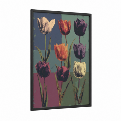 Retro Tulip Garden framed art print — black wood frame — purple and teal palette