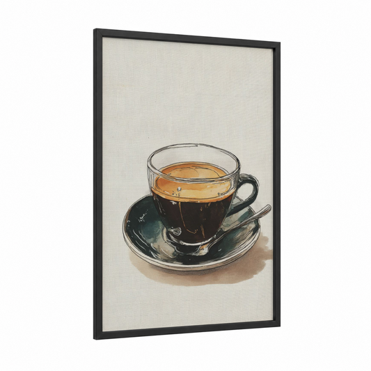 Dark Espresso Cup framed coffee print — black wood frame — black and champagne gold palette