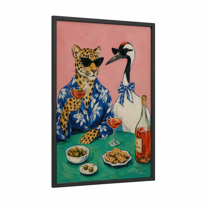 Leopard and Crane Cocktail Wall Art framed art print — black wood frame — pink and blue palette