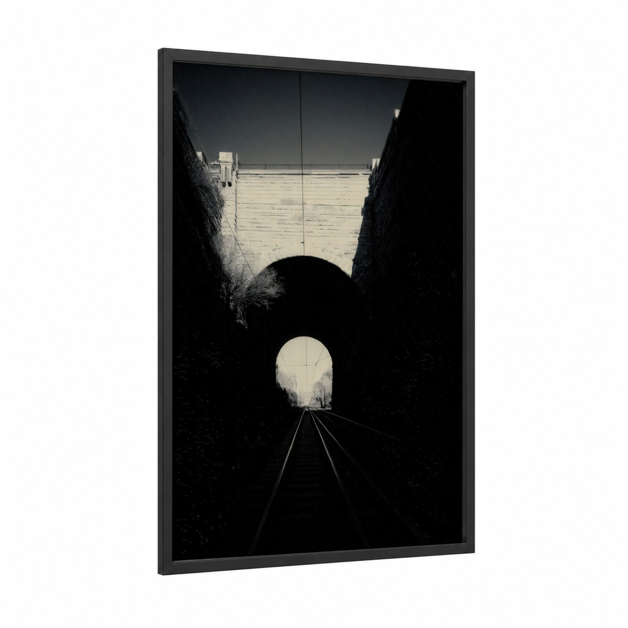 Tunnel Vision framed train tracks print — black wood frame — black and black and white palette