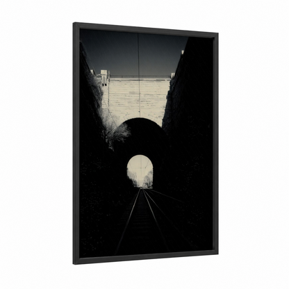Tunnel Vision framed train tracks print — black wood frame — black and black and white palette