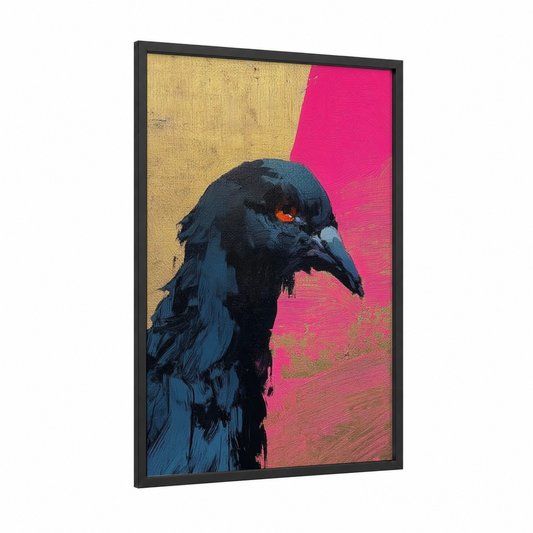Neon Pigeon framed art print — black wood frame — magenta and gold palette